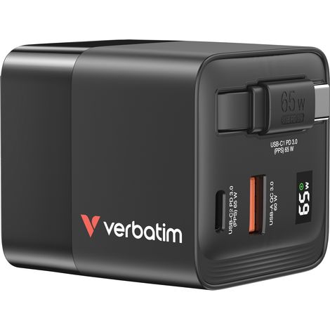 Cargador de Pared Universal Verbatim GaN Charger/ 1xUSB Tipo-C/ 1xUSB/ 1xUSB Tipo-C Macho/ 65W (1/5)