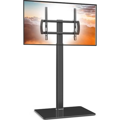 Support TV Universel sur Pied, pivotant à 80°, réglable en Hauteur, Peu encombrant pour TV, LCD, LED, OLED de 27 à 55’’, Parfait pour Le Coin d’Une pièce ou Une Chambre à Coucher