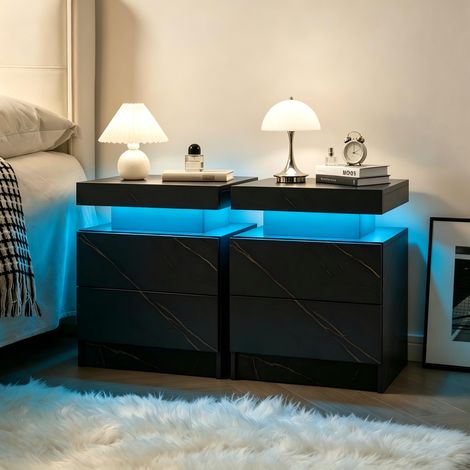 Ensemble de 2 tables de chevet LED, armoire de chevet moderne avec 2 tiroirs pour chambre à coucher (noir et or) (1/5)