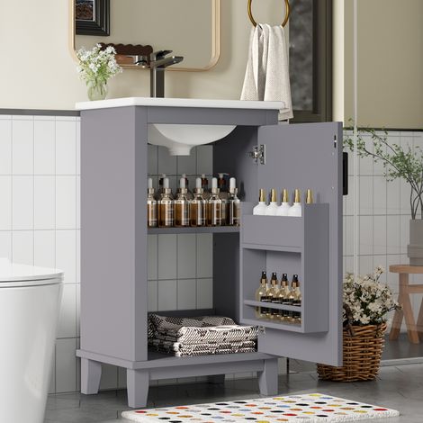 Mobile bagno indipendente, con lavabo in ceramica integrato, ripiani regolabili e spazio di archiviazione, 51x34x83cm, ideale per spazi piccoli, Grigio (1/5)
