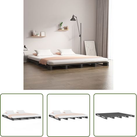 The Living Store Lit de palette sans matelas gris 120x200 cm bois massif - Lit Plateforme - Lit Bois - Lit Design - Lit Industriel - Lit Double (1/5)