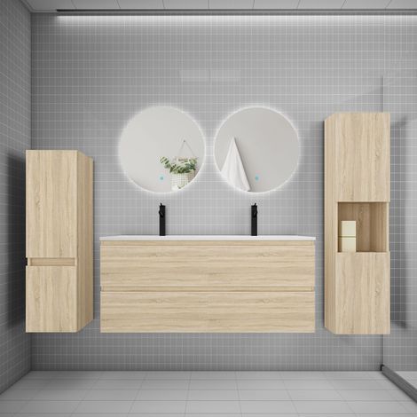 Ensemble meuble chêne et lavabo L.120cm 4 tiroirs + colonne2 haut + lavabo + miroir 60x60cm2-suspendu