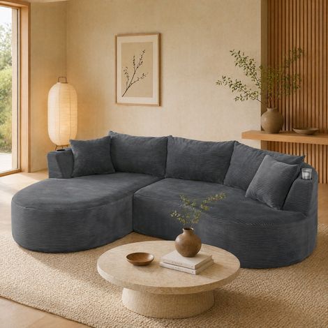 Canapé d'angle 3 places avec chaise longue gauche, tissu côtelé gris, 264x168x76 cm (1/5)