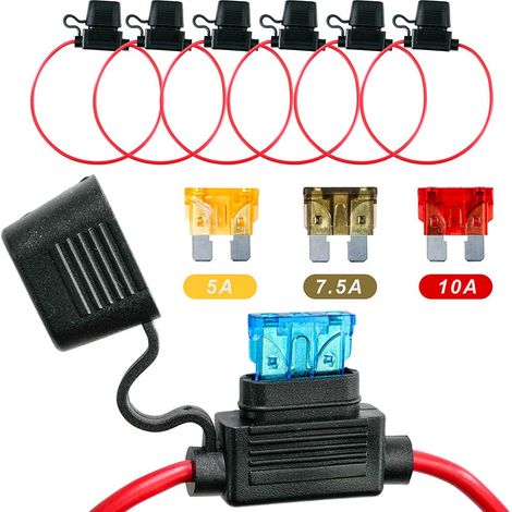 Lot de 6 porte-fusibles 18 AWG pour voiture, camion, moto, étanche avec fusibles plats en ligne, câble en cuivre, fusibles standard pour voiture/bateau 2 x 5 A, 2 x 7,5 A, 2 x 10 A (1/5)