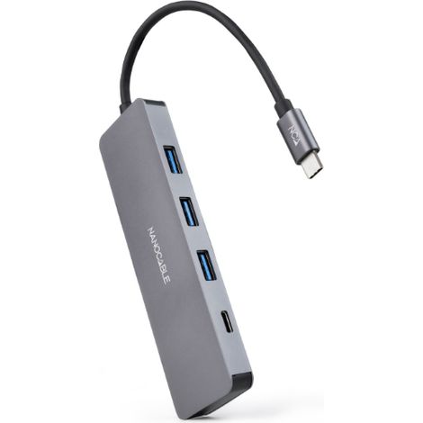 Nanokabel Hub USB-C auf 3xUSB3.0/H + 1xUSB-C/H Aluminium 10 cm, Grau