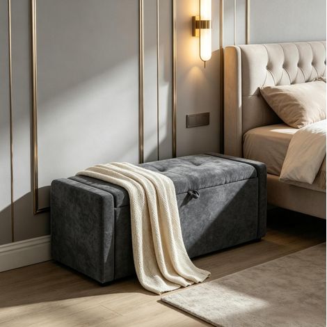 Panca contenitore imbottita 122 x 48 x 44 cm, seduta ampia, grigio scuro OKMYHOME (1/5)