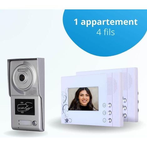 Portier interphone vidéo CLASSIC 4 Fils - 1 appartement - 2 écrans blancs - avec lecteur de badge