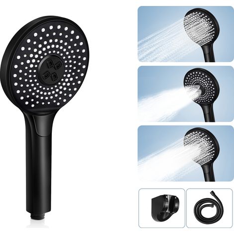 ZMH Pommeau de Douche Noir Rond - 3 jets , économiseur d'eau Douche à main avec bouton de réglage du débit d'eau augmentant la pression à grande échelle Pomme de Douche avec 1,5 m de tuyau (1/5)