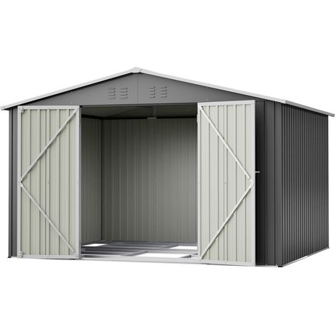 Metall-Gartenschuppen Grau 300 x 252 x 191 cm mit Satteldach und Schiebetüren (1/5)