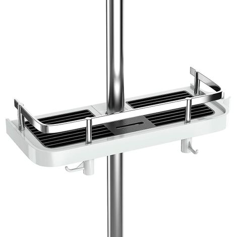 KLVGTIFS PU - Étagère de douche sans perçage. Étagère de douche réglable pour barre de douche. Rangement de salle de bain avec support de douche. Étagère avec 2 petits crochets.