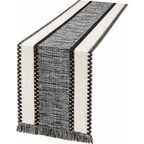 Chemin de table rétro japonais en coton et lin, nappe à rayures pour table basse, Noël, 30 cm de large (la largeur dépend de la couleur) x longueur 50 cm (pompons inclus) - Jane Eyre - noir (30 cm de (1/5)