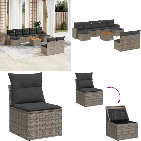 10-tlg. Garten-Sofagarnitur mit Kissen Grau Poly Rattan - Gartenmöbel - Outdoor Möbel - Rattan Gartenmöbel - Lounge Set - Esstisch - Home & Living (1/5)
