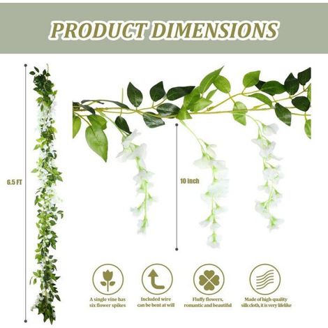 Guirlande de Glycine Artificielle - 4 Pièces, 26 Feet Fleurs Soie Blanc, Suspension Décor - Blanc Étiquette (1/5)