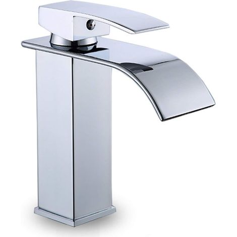 Grifo cuadrado para lavabo – mezclador monomando para agua fría y caliente – grifo ancho cuadrado tipo cascada para lavabo – grifo de latón para lavabo (1/5)