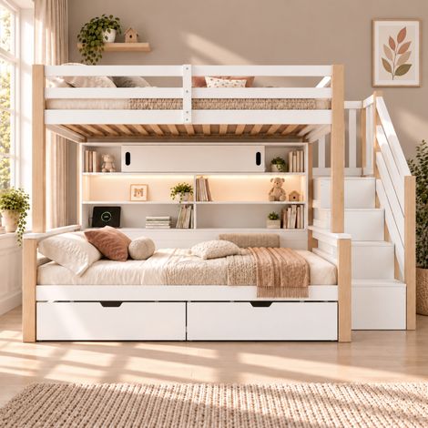 Lit superposé enfant 2 places 90x200 cm avec escalier de rangement, LED via appli, USB et USB-C, prise EU, portes coulissantes, pin blanc et naturel (1/5)