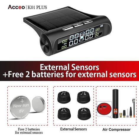 Système d'alarme de pression des pneus pour voiture, alimentation solaire, affichage numérique, système de surveillance de la pression des pneus TPMS pour voiture intelligente et pompe à air (K01 PLUS (1/4)