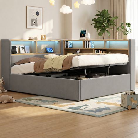 Sofá cama de 140x190 cm con almacenamiento hidráulico, cama tapizada, sofá cama con LED, puerto USB y respaldo, terciopelo gris. (1/5)