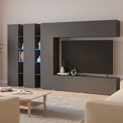 Dmora - Meuble Mural Dattard, Ensemble de salon Meuble TV avec 5 portes, Meuble de salon polyvalent, 100% Made in Italy, cm 340x30h180, Anthracite (1/5)