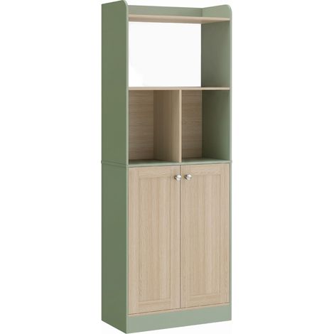 Bibliothèque 5 étagères, meuble de rangement avec 2 portes, 60 x 30 x 161,2 cm, vert et bois naturel (1/5)