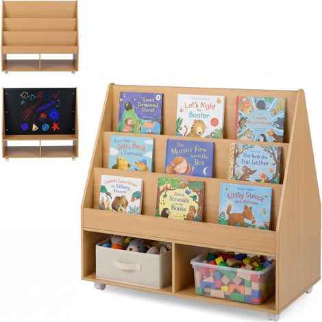 COSTWAY Bibliothèque Enfant Montessori à 3 Niveaux avec Tableau Noir et 5 Roues, Étagère à Livres Mobile avec 2 Compartiments Ouverts, Meuble Rangement Jouet pour Chambre Salle de Jeux (Naturel) (1/5)