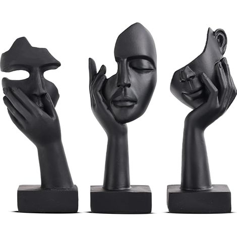 Lot de 3 Statues, Tête de femme, Résine, Design abstrait, Noir et or, Décoration salon, Bureau, Étagère