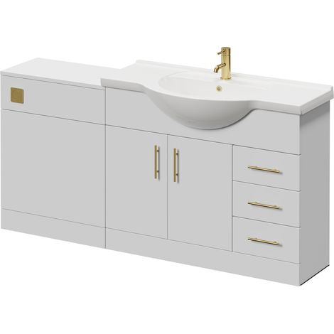 Alexander James Cento Gloss White 1650mm 2 Door Vanity Unit Toilet Suite - 1650mm - Brushed Brass 96mm Bar HandleWithout James Toilet Pan