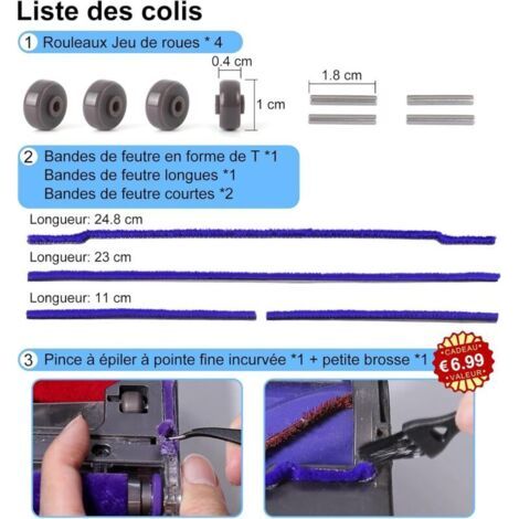 NALOOKAMIC Bandes en peluche douce + axe + rouleau de rechange pour Dyson V6 V7 V8 V10 V11 DC62 Tête de nettoyage à entraînement direct Plaque de semelle, pièces détachées pour Dyson Brosse