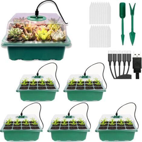 5 Pack Propagators with Lights, Seed Trays, Seed Trays with Lids, Mini Greenhouse Propagation Kit for Germination Growth (1/4)
