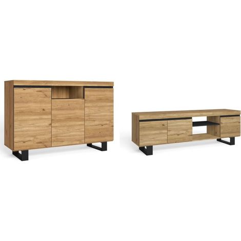 Skraut Home - Set Naturale salón Comedor con patas, Mueble Auxiliar, buffet-mueble tv 160cm roble negro nórdico