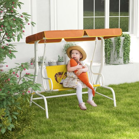 Altalena da giardino a 2 posti con motivo a leone, tettuccio regolabile in angolazione, portata massima 60 kg, 110x70x110 cm, colore giallo.