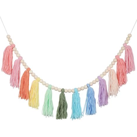 Guirlande à pompons, superbe décoration d'anniversaire ou décoration murale de Noël style bohème. Convient aux chambres (notamment de filles) , (longueur 110 cm, pompons de 16 cm). (1/4)