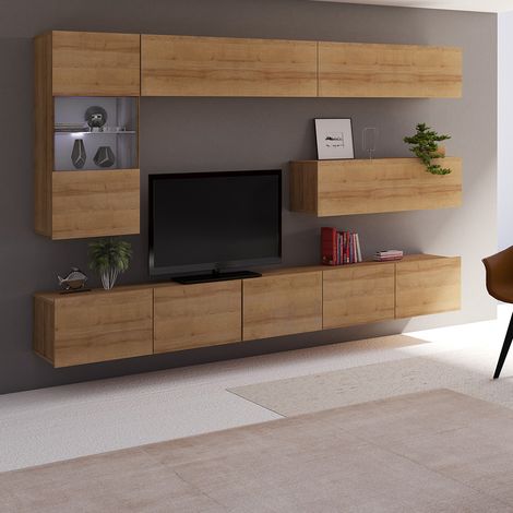 Wohnwand Möbel Set mit LED Beleuchtung in Eiche Gold Nb. CAIRNS-132, B/H/T ca. 255/200/43 cm (1/5)