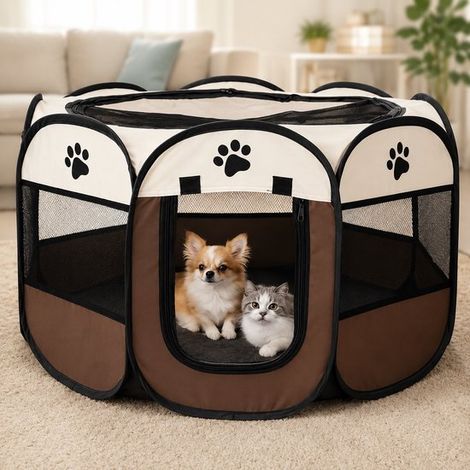 Parc pliable pour chiots - Parc pour chiens - Parc pour chats - Caisse de transport en tissu - 114 x 114 x 58 cm - Blanc et marron XL (1/5)