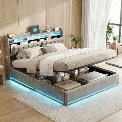 Letto Contenitore Matrimoniale 160x200 cm in Velluto Grigio - Testiera Multifunzione con Vani e Stazione di Ricarica USB - Doppia Luce LED RGB(160x200cm, Grigio) (1/5)