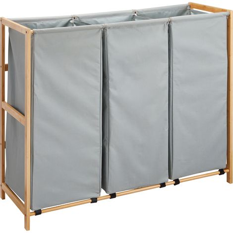 ACAZA Grand trieur à linge avec 3 compartiments - Panier à linge - Tissu / Bambou - Gris-vert (1/5)