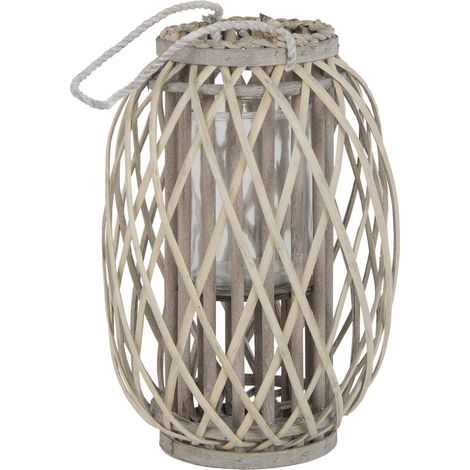 ECD Germany Lanterne ried avec anse 40xØ26 cm naturel/marron avec poignée gris aspect bois tressé photophore style rotin insert en verre panier tissé à la main support de bougies déco jardin rétro (1/5)