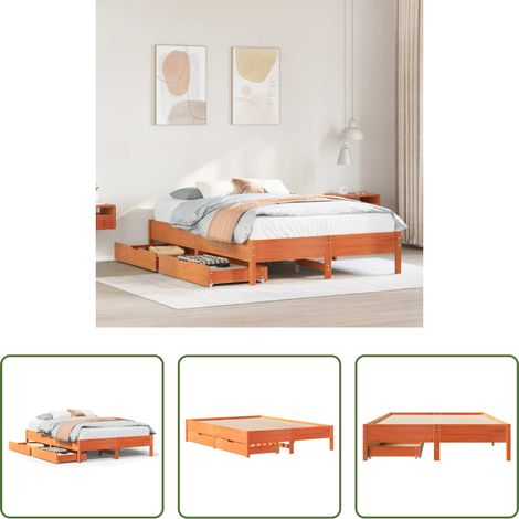 vidaXL Tiroir sous lit - Cadre de lit sans matelas cire marron 150x200cm bois pin massif (1/5)