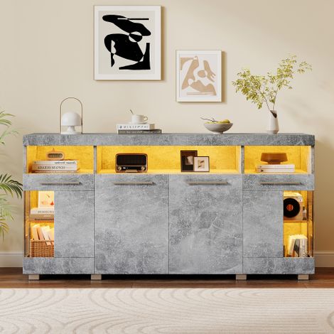 Buffet 140x40x70 cm avec éclairage LED, 4 portes, 3 compartiments, laqué brillant, en MDF, gris