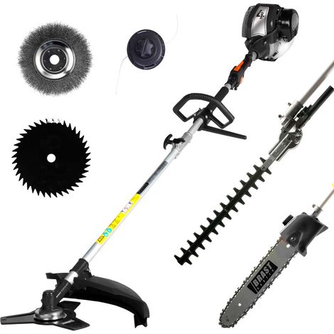 BRAST 4-Takt Benzin 6in1 Motorsense Rasentrimmer Heckenschere Hochentaster Freischneider Unkrautvernichter Fugenbürste Multitool (1/5)