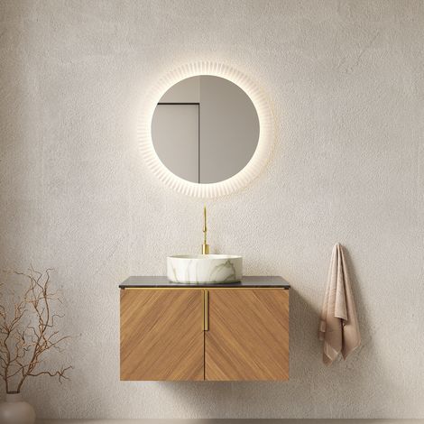 REDOM mueble de baño suspendido, lavabo redondo blanco, gran almacenaje, cierre suave, cerámica y piedra sinterizada, negro y roble marrón (1/5)