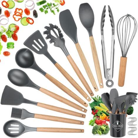 BUNTHAUS Ustensiles de Cuisine en Silicone,22 PCS Accessoire Cuisine Set sans BPA, Kit d'Ustensiles de Cuisine en Silicone et Bois, Ustensiles Cuisine Antiadhésive Set avec Pot de Rangement, Gris 01 (1/5)