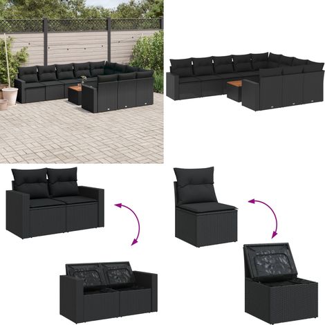 11-tlg. Garten-Sofagarnitur mit Kissen Schwarz Poly Rattan - Gartenmöbel Set - Lounge Möbel - Rattan Gartenmöbel - Outdoor Möbel - Esstisch Set - Home & Living (1/5)
