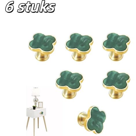 Lot de 6 poignées de meuble en alliage de zinc, forme quatre feuilles, poignées de tiroir et porte d'armoire, pour coiffeuse et meubles, vert (1/5)