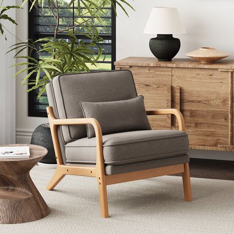 COLAMY Loungesessel mit Lendenkissen, Mid-Century Sessel mit Massivholzrahmen, Grau