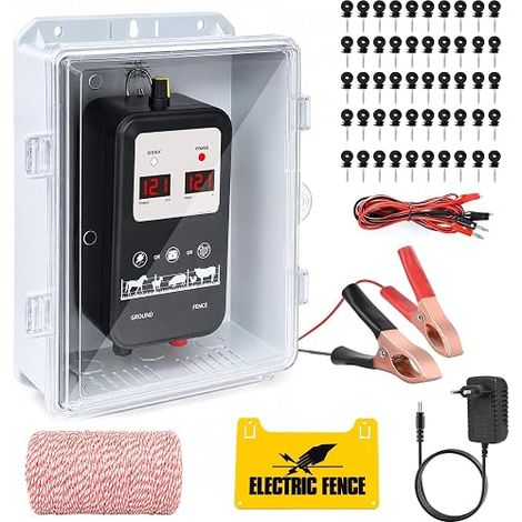 Électrificateur de Clôture Électrique avec Boîtier Étanche, Kit de Clôture avec Isolateurs Annulaires et Fil de Clôture, Tension de Sortie Réglable 12 kV–13,5 kV, pour Protection des Animaux (1/5)