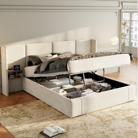 Bett 160x200 cm aus Samt Beige, gepolstert, mit Kopfteil, Lattenrost, Stauraum, USB und Steckdosen (1/5)
