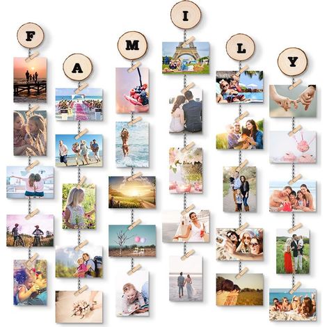 Cadre Photo Pêle Mêle Cadre Photo Mural Porte Photos Pinces Tranches de Bois Naturel, Décoration Maison Cadeau Bricolage (1/5)