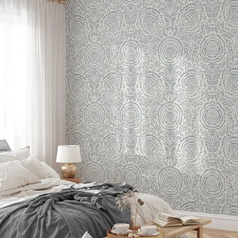 Schicke blau-weiße Damast-Tapete für Wohnzimmer und Schlafzimmer