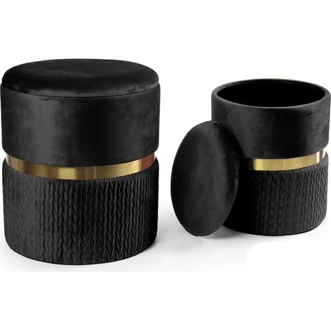 Set 2 pouf contenitore in velluto nero/oro Ø38x44 e Ø31x38 cm