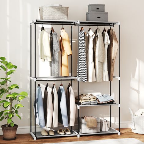 Armoire à vêtements 142x43x185 cm Gris Dressing ouverte avec 4 étagères en tissu 3 barres suspendues Cadre métallique clair